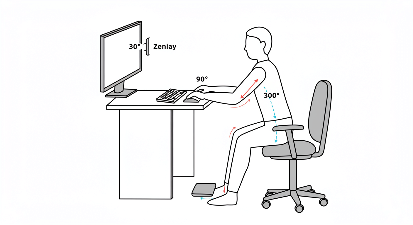 모니터 눈높이·팔꿈치 90도·허리 지지·발 지지 등 올바른 데스크 세팅 도식
