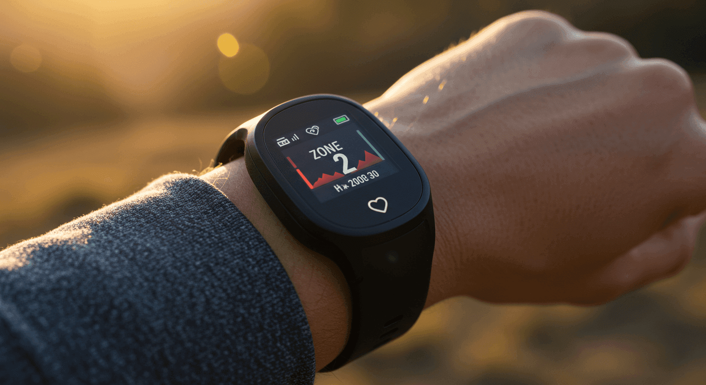 손목형 심박계로 존2 강도를 확인하며 걷는 모습의 근접샷