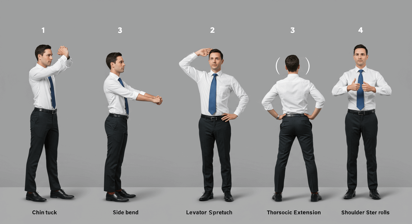 거북목 완화를 위한 5분 스트레칭 루틴 단계 도식