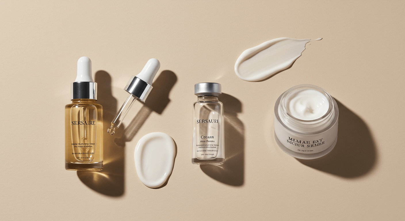 PDRN 세럼·앰플·크림 3종과 질감 스와치 플랫레이