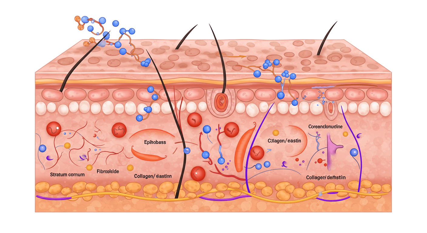 PDRN이 표피·진피에서 손상 회복 신호를 촉진하는 과정 일러스트