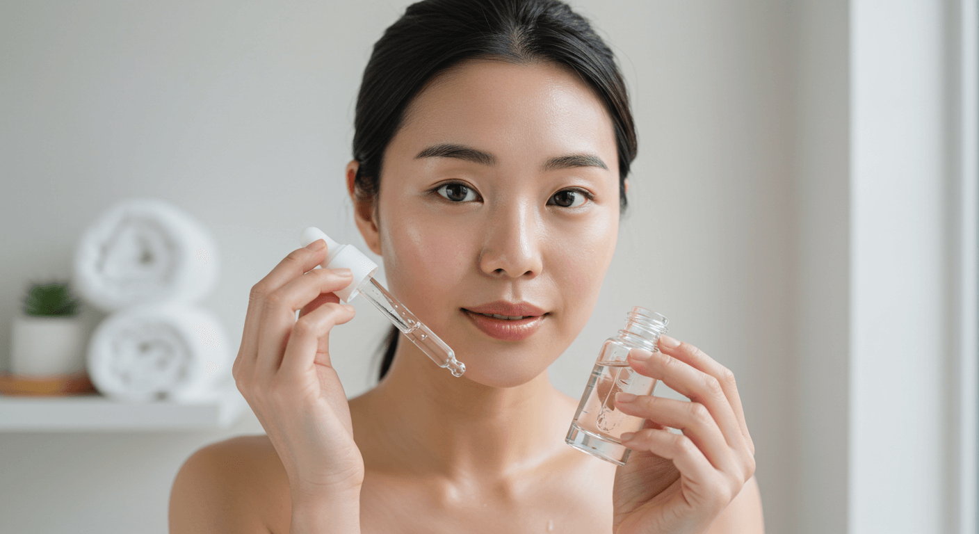 세안 후 PDRN 세럼을 바르는 여성의 얼굴 클로즈업