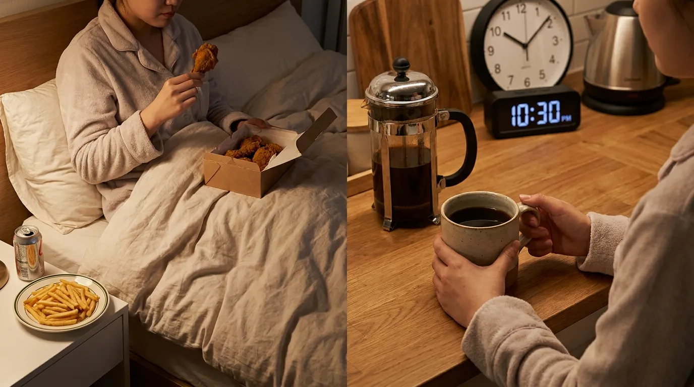 자기 전 음식을 먹거나 나쁜 자세로 앉아 있는 모습