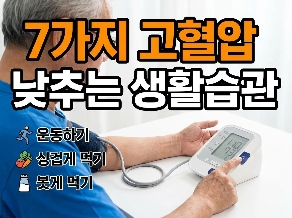 고혈압 낮추는 생활습관 7가지 썸네일 이미지, 혈압계와 건강한 식단