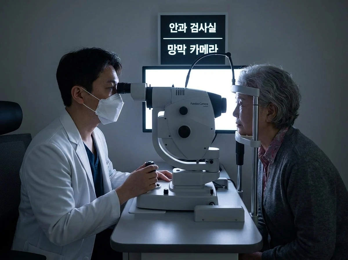 안과에서 당뇨망막병증 유무를 확인하기 위해 검사를 받는 모습