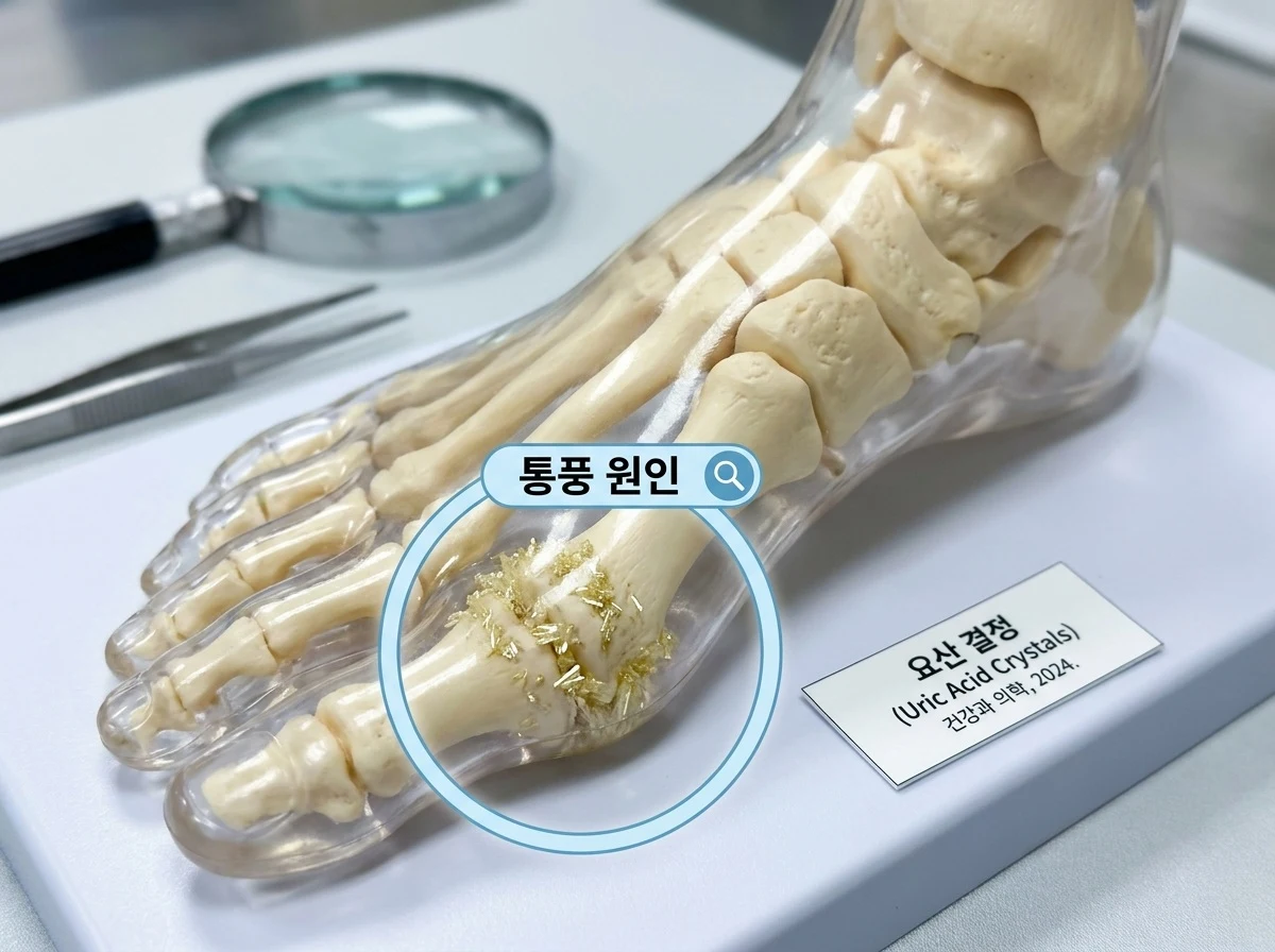 통풍발 증상으로 엄지발가락 관절이 붉게 부어오른 모습