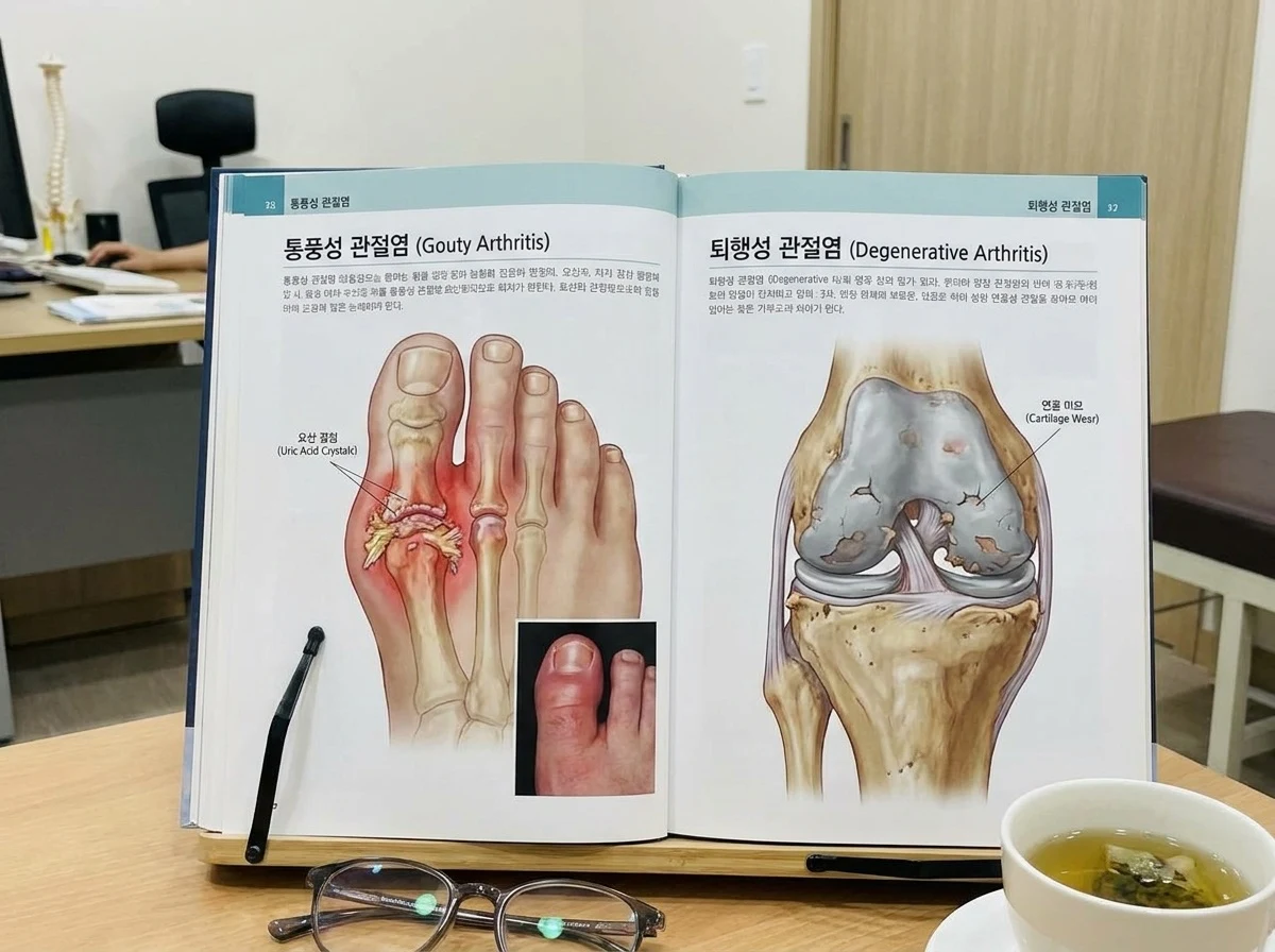 통풍과 일반 관절염의 차이를 보여주는 발 관절 구조 비교