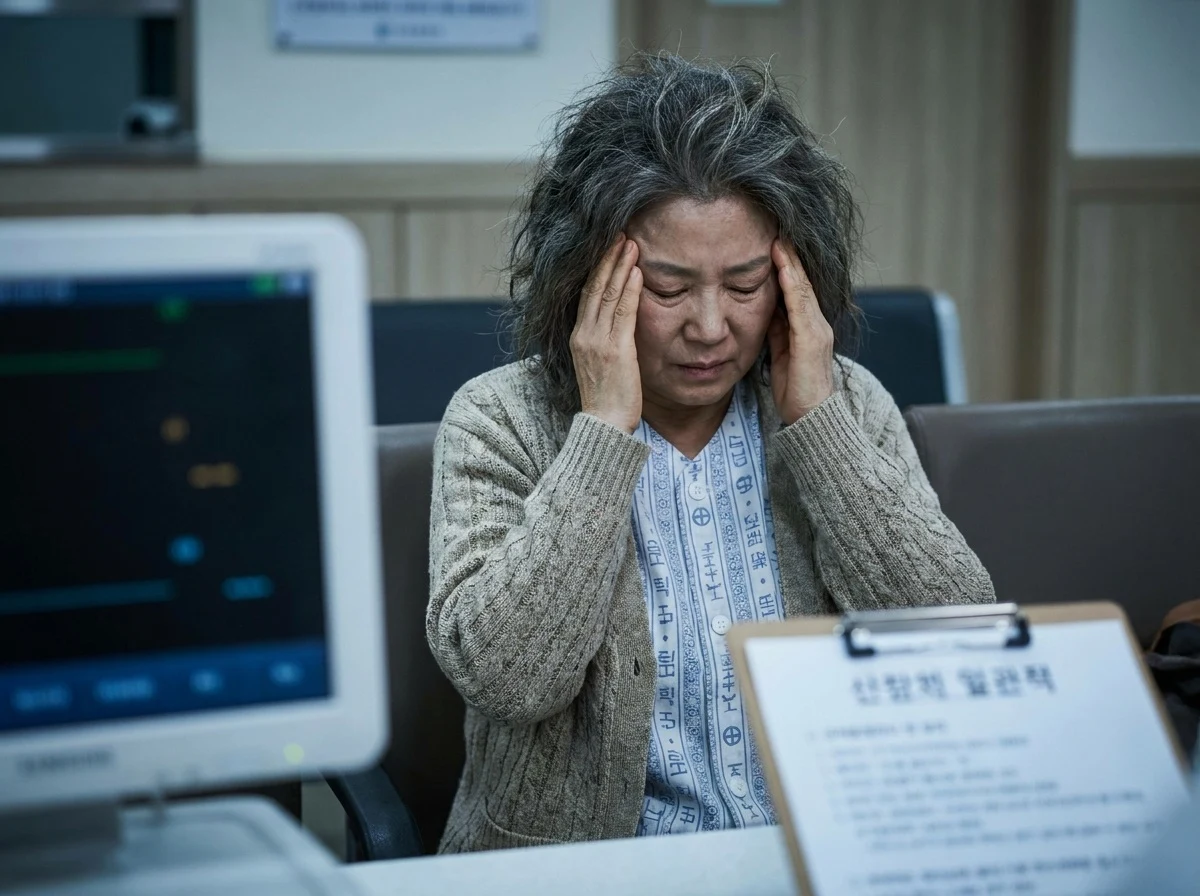 만성 피로와 근육 통증을 호소하는 중년 남성의 모습